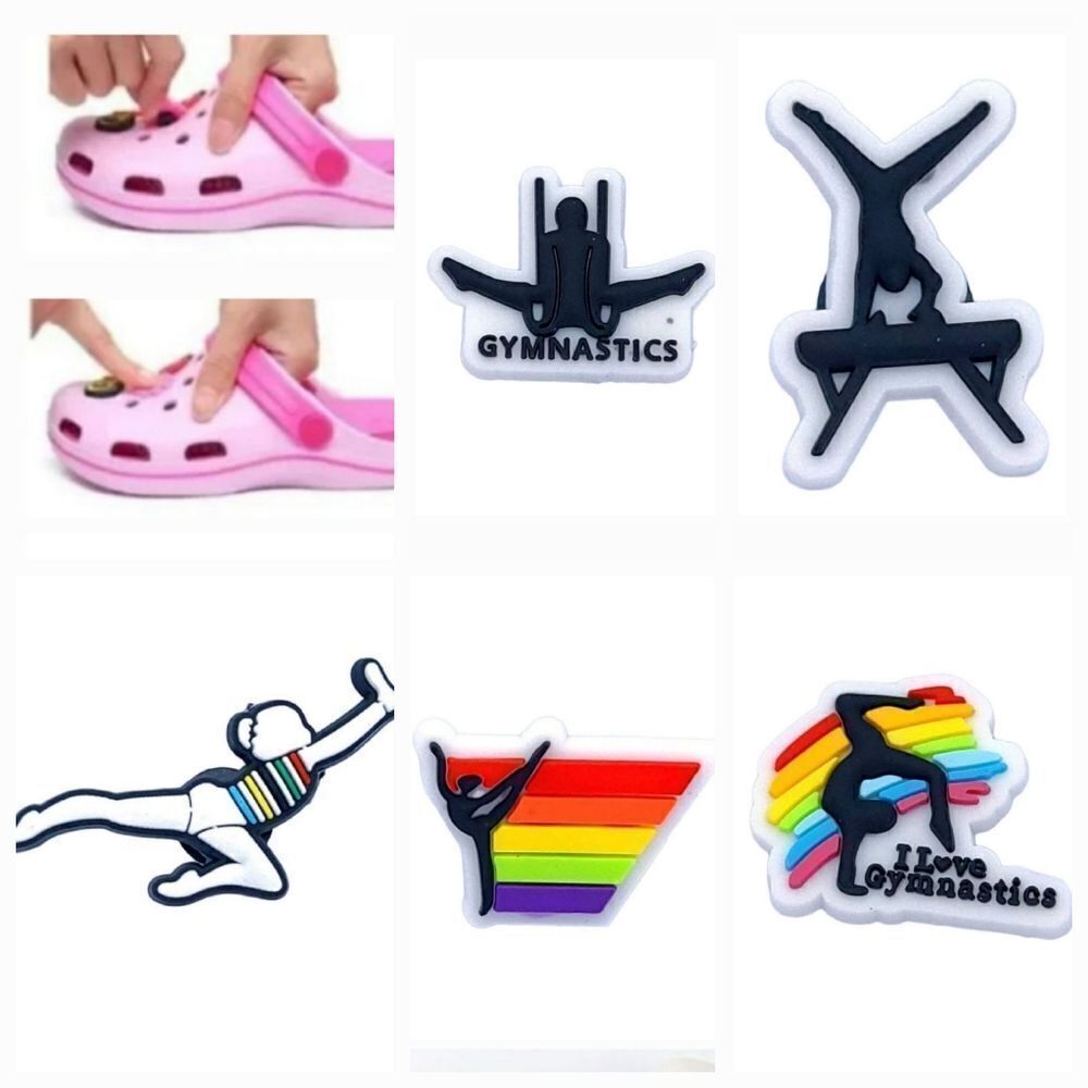 Gymnastics Rubber Shoe Charms 5pc Set Rainbow White Black Silhoutte